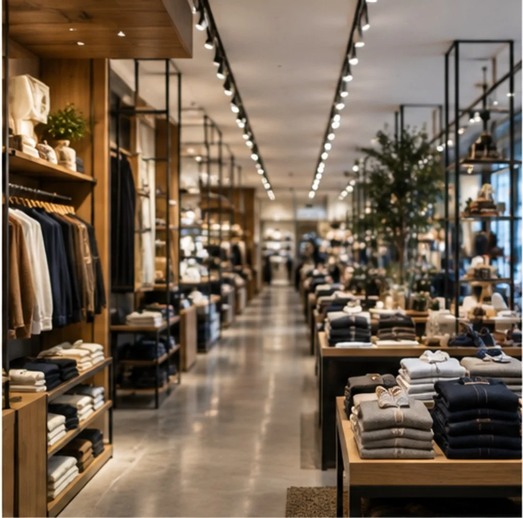 View down the aisle of a clothing store with racks on both sides